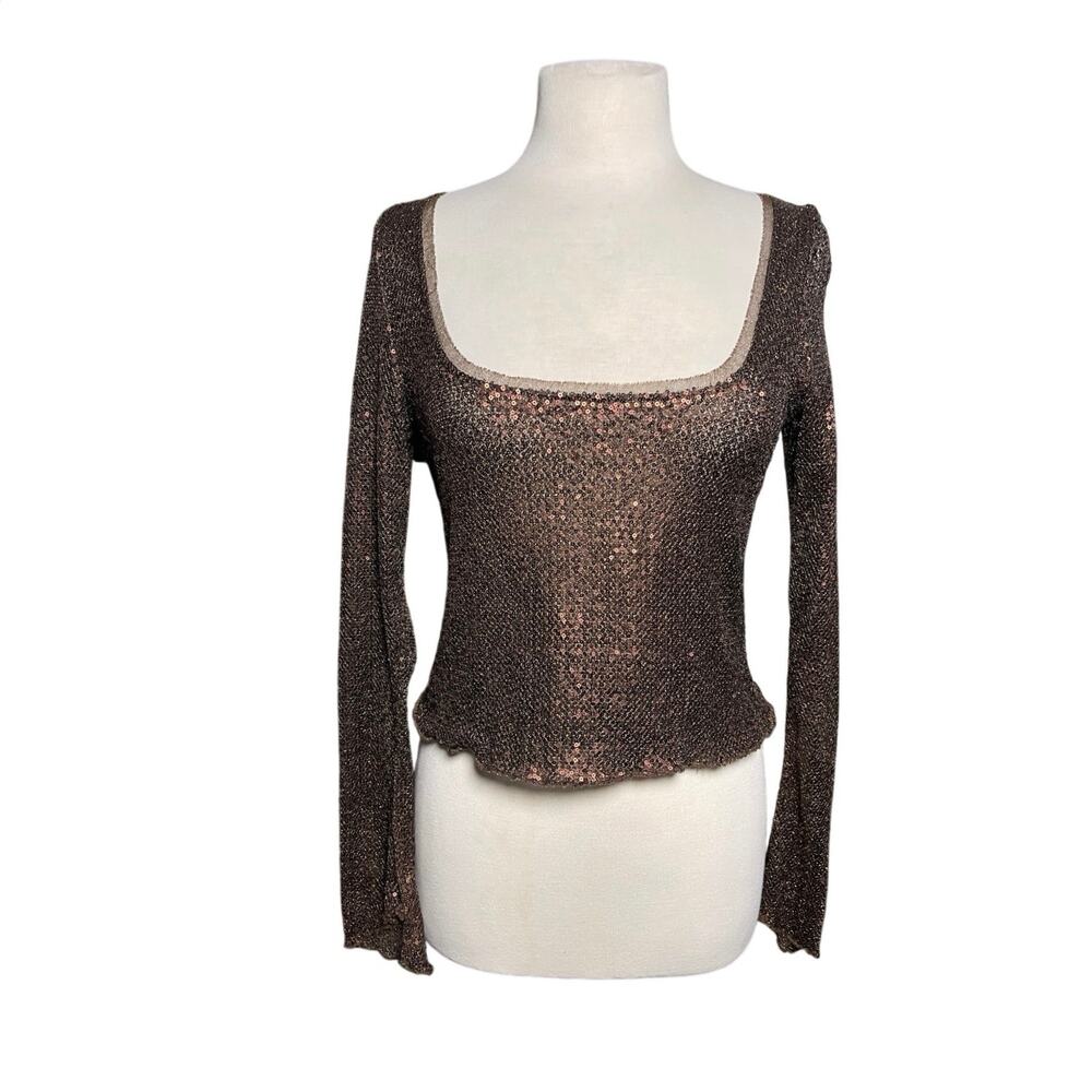 FREE PEOPLE Intimately Brown Sequin Square Neck Long Sleeve Top - Picture 2 of 5